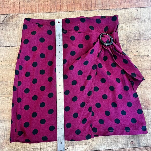MNG Mango NEW Burgundy Black Polka Dot Faux Wrap Mini Skirt XS - Picture 9 of 11